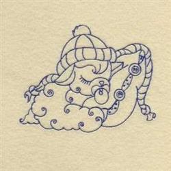 Redwork sleeping sheep in a cozy knitted hat, surrounded by playful blue swirls on soft cream, perfect for winter.