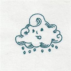 Redwork cloud with a smiling face, curly edges, and raindrops, in light teal on a white background.