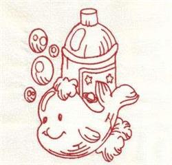 Redwork smiling fish peeks from under a starry bottle, surrounded by playful bubbles in whimsical line art.