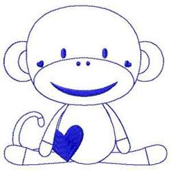 Redwork smiling monkey with large ears, cheerful grin, and blue heart on chest, all in a playful cartoon style.