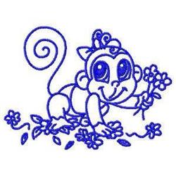 Redwork smiling monkey joyfully holding a flower, surrounded by blue-outlined flowers and leaves.