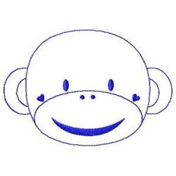 Redwork smiling monkey face with blue outline, large eyes, and hearts on cheeks, in a playful cartoonish style.