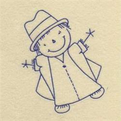 Redwork smiling scarecrow with a wide grin, wearing a broad-brimmed hat and coat, perfect for fall decor.