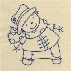 Redwork snowman with a charming smile, wide-brimmed hat, and patterned scarf in blue thread, perfect for winter decor.