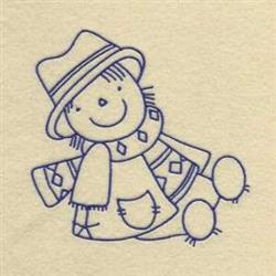 Redwork snowman with a cozy hat and patterned scarf, exuding a whimsical winter charm.