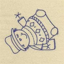 Redwork snowman with a broad smile, hat, and scarf on a light beige background, embodying a whimsical winter theme.
