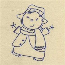 Redwork snowman with a cheerful smile, wearing a hat and scarf, depicted in a whimsical winter style.