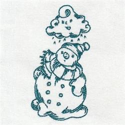 Redwork snowman with a striped scarf and hat, smiling cloud above, playful winter scene.