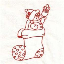 Redwork snowman with a hat inside a Christmas stocking, featuring heart patterns and holding an ice cream cone.