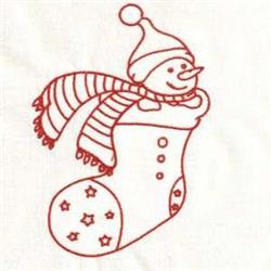 Redwork snowman with a hat and striped scarf in a colorful Christmas stocking, featuring playful stars.
