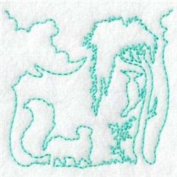 Redwork squirrel design featuring simple line art, surrounded by a tree and clouds, on a white background.