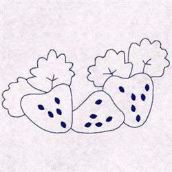 Redwork strawberries in a simple line drawing, featuring three red fruits, green leaves, and blue outlines.