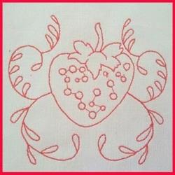 Redwork strawberry design featuring curly vines and dotted seeds, embodying a fresh summer vibe.