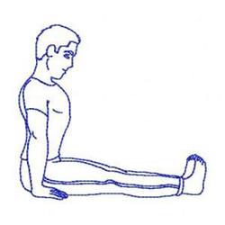 Redwork design of a man seated on the floor in a stretching pose, outlined in simple blue line art.