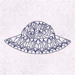 Redwork sun hat with intricate line art, featuring swirling motifs and geometric shapes, perfect for summer.