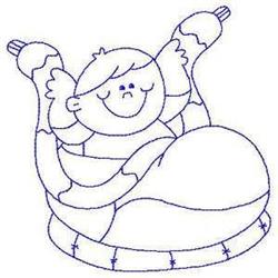 Redwork child with arms raised, joyfully sitting in a swim float, surrounded by playful blue line art, perfect for summer.
