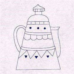 Redwork teapot featuring smooth lines, geometric patterns, a domed lid, and curved handle.