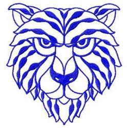 Redwork tiger face with bold outlines and vibrant blue stripes, showcasing a fierce expression.