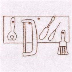 Redwork tool outlines featuring a wrench, saw, screwdriver, and brush in brown thread on light fabric.
