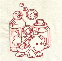 Redwork turtle swimming among playful bubbles and fun bottles, outlined in red on a light background.