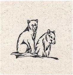 Redwork two bears in simple line art sitting on a log, with minimal detail on light beige fabric.