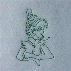 Redwork witch character with pointed hat, whimsical facial features, and clean line art. Perfect for quilt squares.