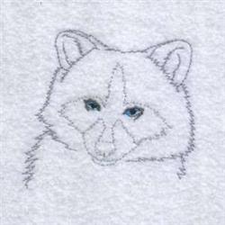 Redwork wolf face design with minimalist outline, distinct blue eyes, and soft fur details against a light gray background.