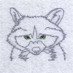 Redwork wolf face with prominent ears and striking green eyes on a light background, ideal for casual embroidery.