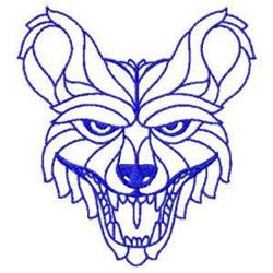 Redwork wolf head in blue thread with sharp features, pointed ears, and an intense expression.