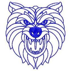 Redwork wolf head with bold blue outline, sharp teeth, and intense eyes, showcasing intricate detailing.