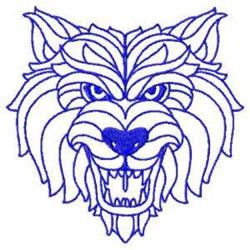 Redwork wolf head design featuring detailed fur texture and fierce facial features in deep blue against a white background.