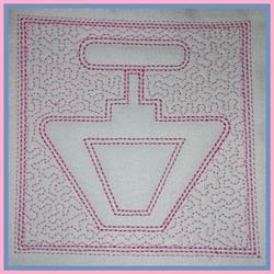 Minimalist sewing machine with red stitches, featuring a spool holder design and textured square background.