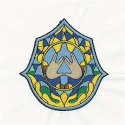 Applique shield with colorful geometric hands, vibrant blue, green, and yellow details with decorative elements.