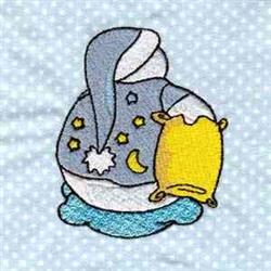 Whimsical sleeping bear with a yellow pillow on a blue cloud, surrounded by stars and a crescent moon.