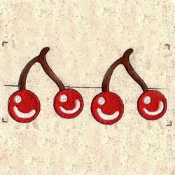 Playful design with vibrant red cherries featuring white smiles, connected by brown stems on a light background.