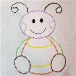 Cute smiling bee with a round head, curly antennae, and colorful zigzag stitching in pastel shades.