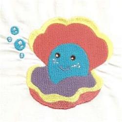 Playful clam with a smiling blue face in a red shell with yellow trim, surrounded by bubbles in an underwater theme.