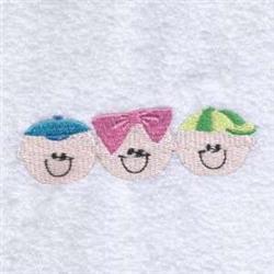 Three smiling cartoon faces in a playful design, showcasing colorful hats: blue cap, pink bow, and green stripes.