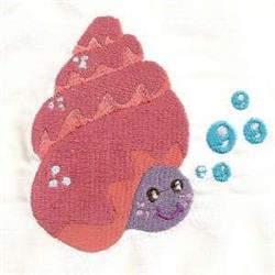 Playful snail with a pink shell and smiling face, surrounded by blue bubbles in a whimsical underwater theme.