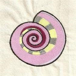 Whimsical snail shell design with a vibrant pink and yellow swirl pattern on light fabric.