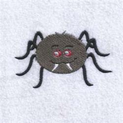 Playful spider with red eyes and rounded body, embroidered in a cute cartoon style for Halloween on a soft white background.