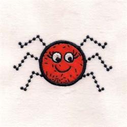 Cheerful cartoon spider applique with a round red body, black legs, and big white eyes, perfect for kids’ items.