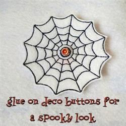 Stylized spider web with thick black lines and an orange button, featuring playful text for Halloween decor.