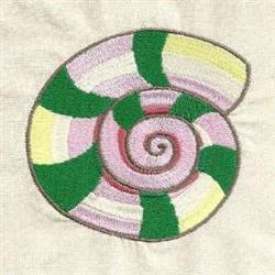 Colorful spiral shell with pink, green, and yellow stripes, showcasing a whimsical tropical design.