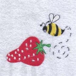 Playful strawberry with green leaves and a buzzing bee on a soft white background, perfect for springtime embroidery.