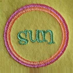 Playful 'sun' text on a vibrant yellow background, encircled by a colorful border of pink and orange.