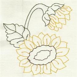 Minimalist line art sunflower with yellow petals, small flower bud, and leaf, soft colors emphasize floral theme.