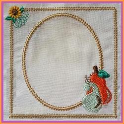 Ornamental frame with a whimsical sunflower, golden thread outline, and colorful leafy elements for fall decor.