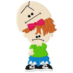 Colorful applique child character with a pink bow, surprised expression, and egg shell, perfect for Easter.