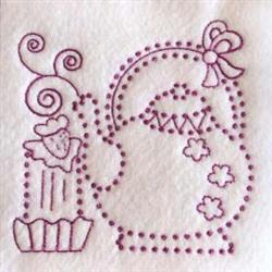 Whimsical teapot adorned with a bow, alongside a cute cupcake with frosting and playful steam, on soft white fabric.
